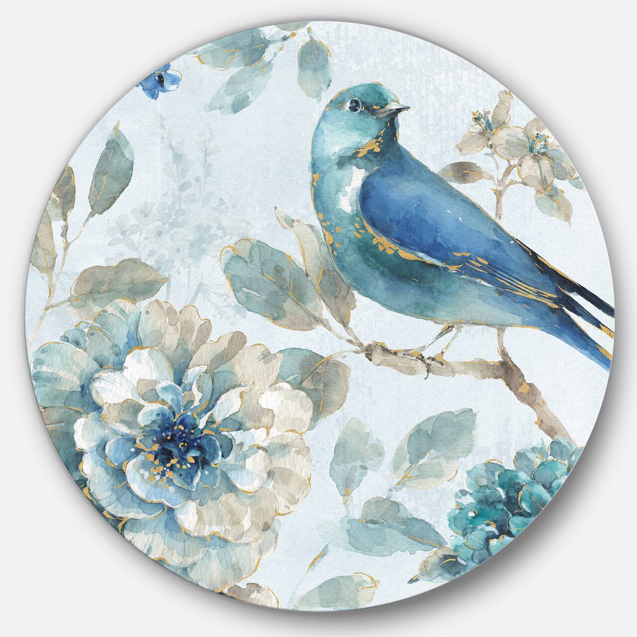 Designart - Indigold Watercolor Lovely bird II - Farmhouse Metal Circle Wall Art